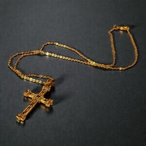 VTG Museum of Modern Art Cross Necklace Gold Tone Glass Jewels Byzantine Gothic